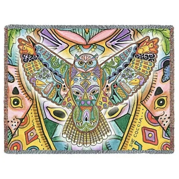 New Great Horned Owl Northwest Heavy Cotton Afghan Throw Blanket Hoot Owls Wings - Picture 1 of 2